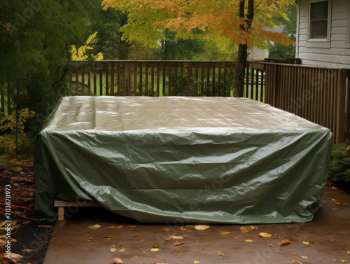 Cover outdoor items with plastic tarpaulin covers
