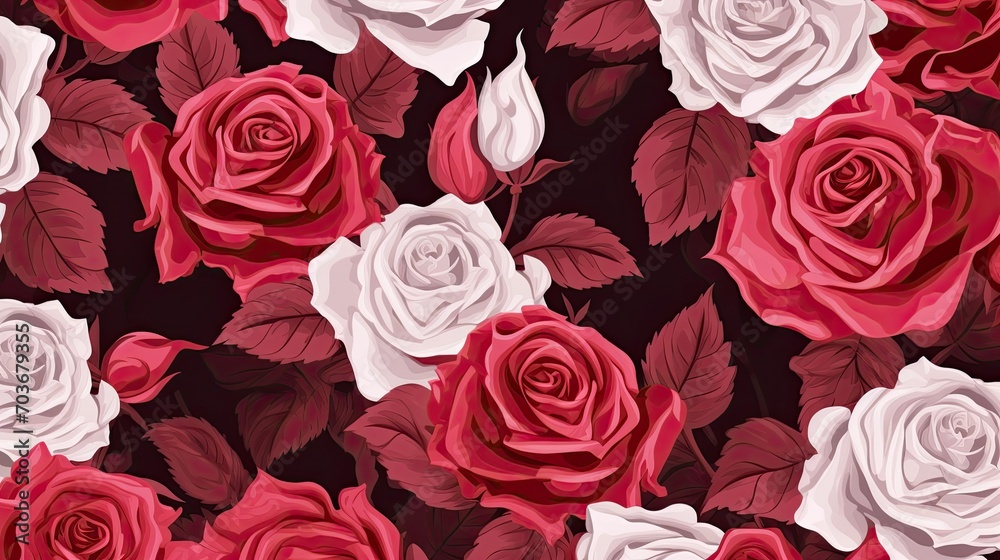 Beautiful roses background illustration. White, pink, and red flowers pattern.
