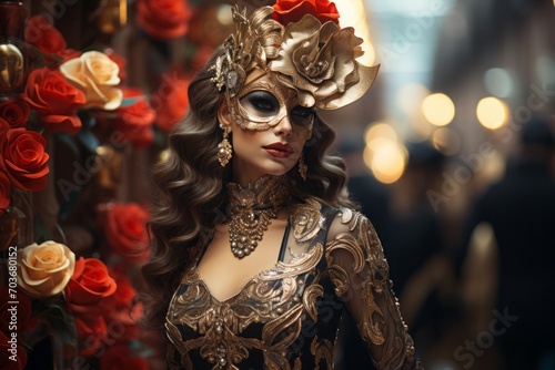 carnival mask in venice with flower decorations, beautiful woman, fantasy-inspired art. a costume ball.