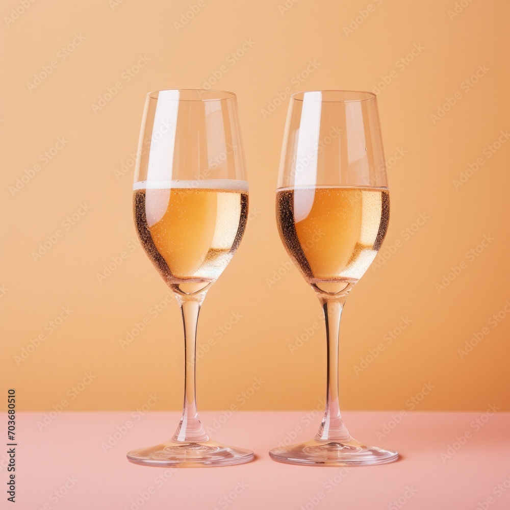 Two glasses of champagne on the table on a peach fuzz background. festive alcoholic carbonated drink, sparkling wine. a holiday, a celebration. copy the space.