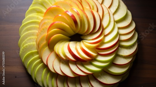 Sliced apples arranged in a spiral on a table