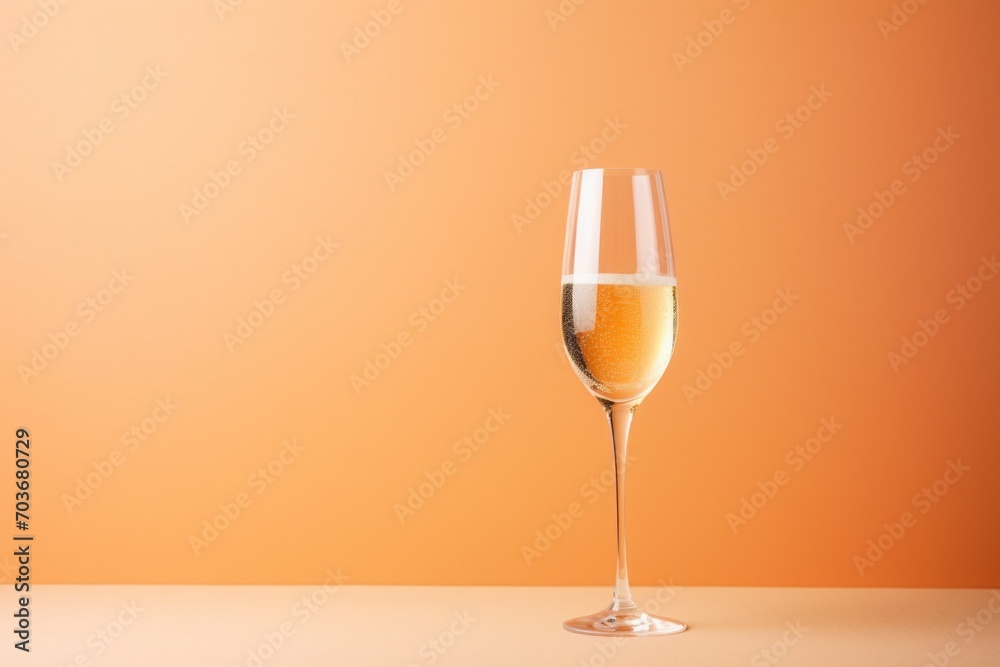 one glass of champagne on the table on a peach fuzz background. a festive alcoholic drink. copy the space. one glass of champagne on the table on a peach fuzz background. a festive alcoholic drink. copy the space.