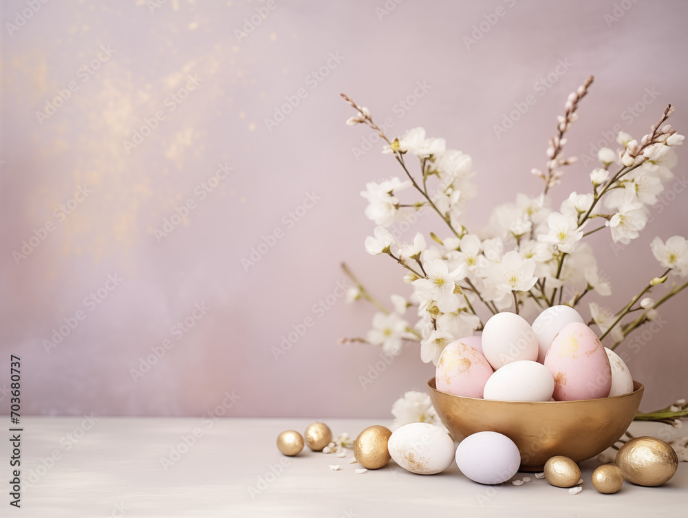 Colorful metallic  Easter eggs  with golden decor and cherry blossoms, copy space, pink background