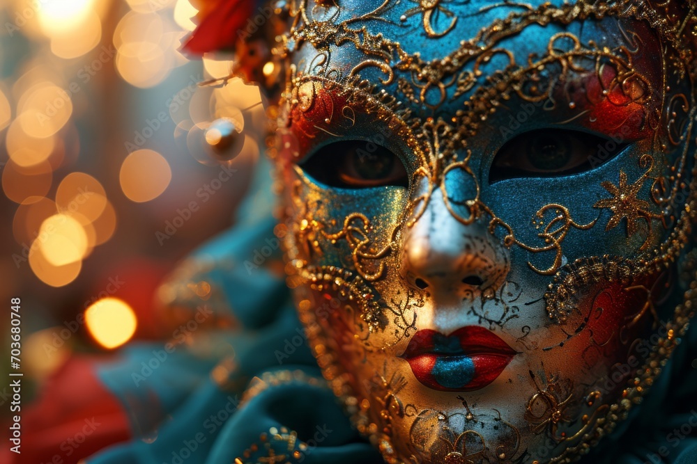venetian mask in the style of romanticism, dark cyan and gold, intricate carnival costumes, captured essence of the moment