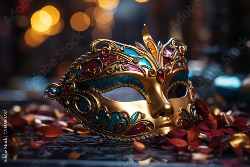 colorful carnival mask in venice with colorful decorations, in the style of dark gold and teal, enchanting realms