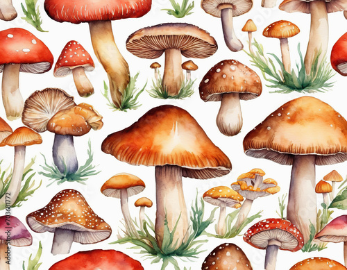 mushrooms different varieties watercolor drawing