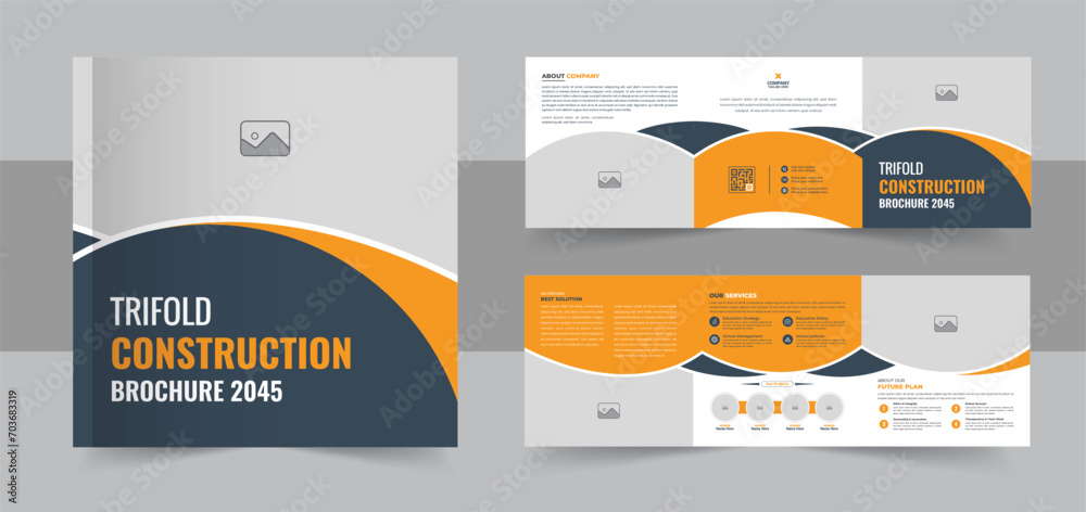 Creative construction and renovation square trifold brochure design layout vector, Modern Real estate brochure or building construction square trifold Creative construction and renovation square trifold brochure design layout vector, Modern Real estate brochure or building construction square trifold