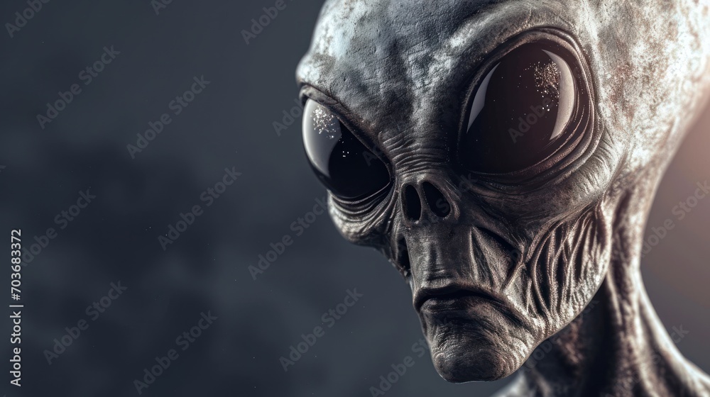 a close up of an alien head with large eyes and a creepy look on it's ...