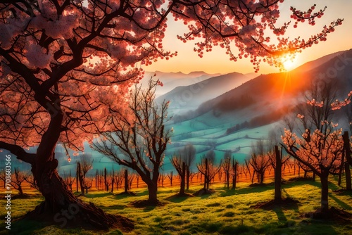 A Mountain Orchard Spring during a vibrant sunrise, warm colors painting the sky, the orchard awakening to the new day, dewdrops glistening on leaves © usama
