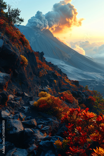 sunset over the mountain bromo erupting