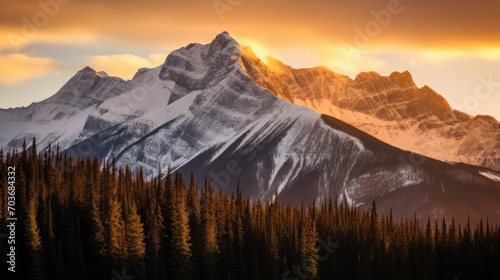 Majestic mountain range at sunset with trees in the foreground