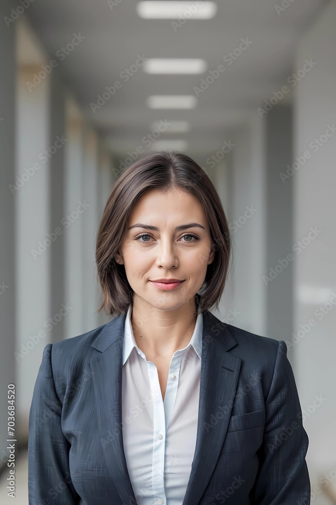 Radiant Businesswoman Smiles, Standing Inside Office with Blurry Background Radiant Businesswoman Smiles, Standing Inside Office with Blurry Background