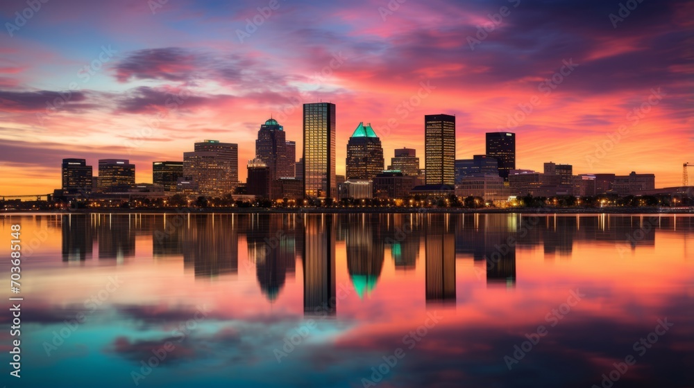 Reflections of a colorful sunset on a glassy city skyline
