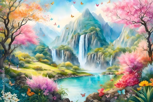 A lively Mountain Orchard Spring  featuring cascading waterfalls  colorful butterflies  and birds  a harmonious blend of nature s elements  the air filled with the scent of blooming flowers