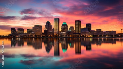 Reflections of a colorful sunset on a glassy city skyline