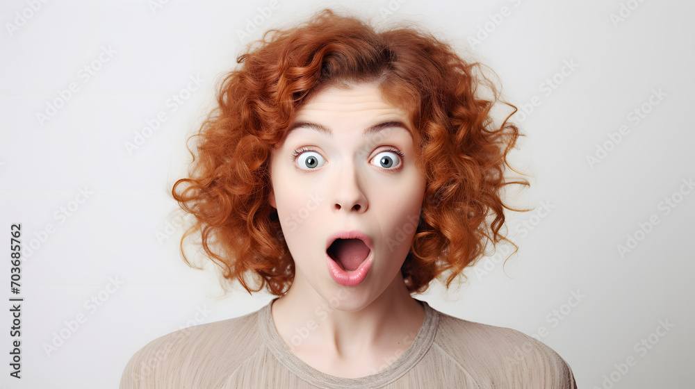 red curly haired woman making a surprised face, isolated on white background