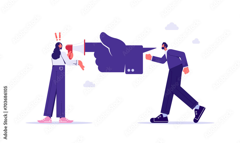 Fototapeta premium Refusing to listen and accepting opinion ideas, big finger speech bubble plugs megaphone for businesswoman speaking