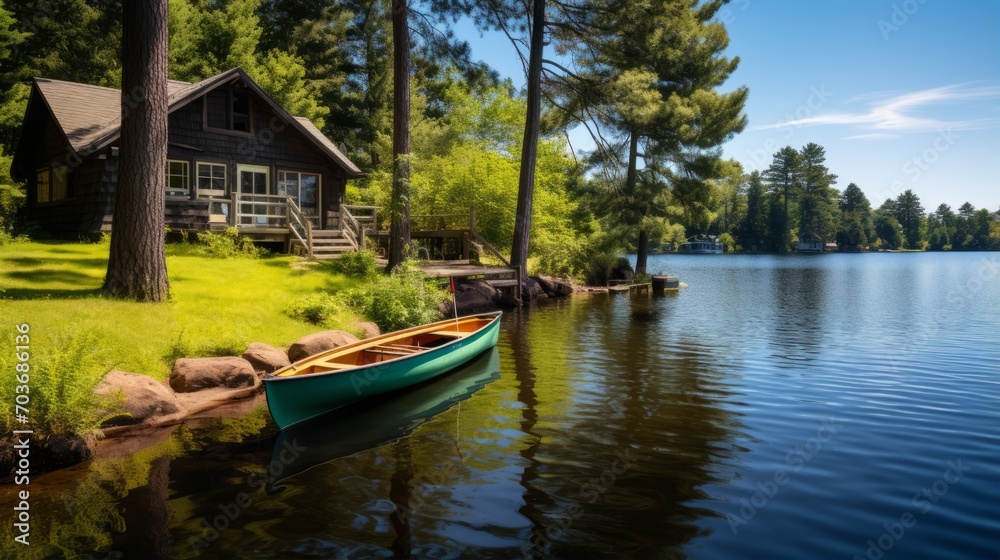 Tranquil lakeside cabin with a rowboat, perfect vacation escape