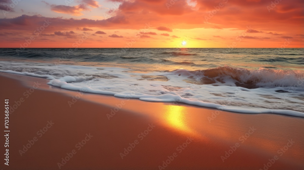 Tranquil ocean sunrise casting a warm glow on the beach