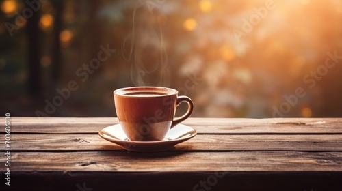 Coffee cup placed on a rustic wooden table, invoking warmth