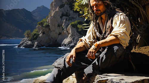 Fényképezés lonely sad medieval pirate left on the island on beach near the coast of sea oce
