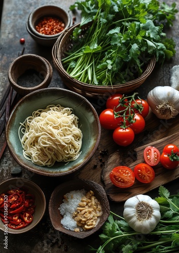 Chinese noodles, fresh vegetables，Vibrant red tomatoes