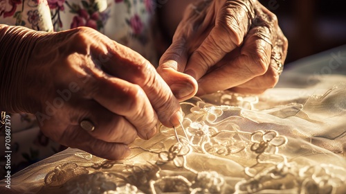Hands of a tailor sewing intricate lace