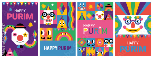 Purim carnival modern poster design in trendy geometrical style. Template for greeting cards  banner  social media and sale marketing
