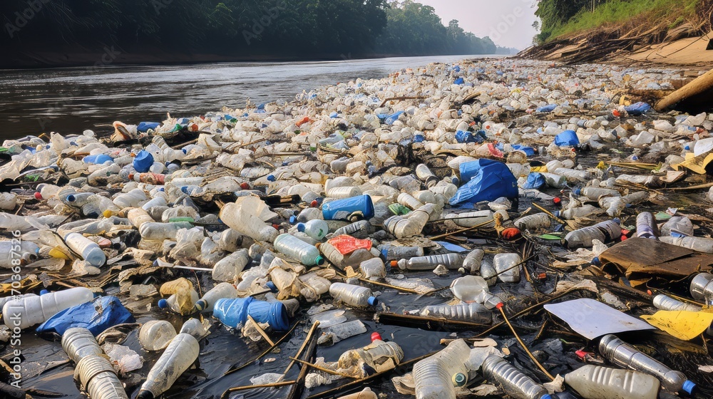 Plastic pollution in a river harming aquatic life