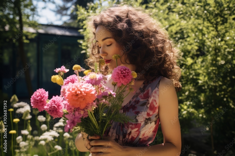 Beautiful young woman with bouquet of flowers in the garden. Beautiful young woman with bouquet of flowers in the garden.