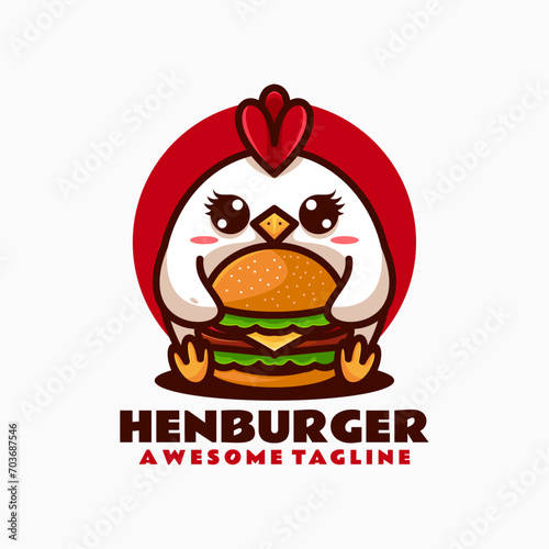 Vector Logo Illustration Hen Burger Mascot Cartoon Style.