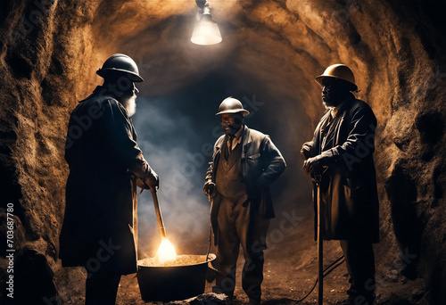 African miners working underground in a coal mine photo