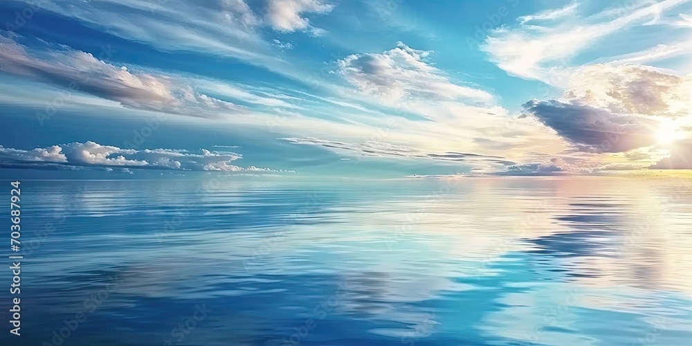 Coastal serenity tranquil seascape with clear blue sky capturing beauty of sunny day by ocean perfect for eliciting feelings of peace and relaxation Coastal serenity tranquil seascape with clear blue sky capturing beauty of sunny day by ocean perfect for eliciting feelings of peace and relaxation