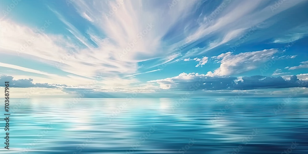 Coastal serenity tranquil seascape with clear blue sky capturing beauty of sunny day by ocean perfect for eliciting feelings of peace and relaxation Coastal serenity tranquil seascape with clear blue sky capturing beauty of sunny day by ocean perfect for eliciting feelings of peace and relaxation