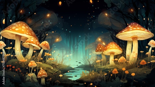 Whimsical digital illustration of a magical forest