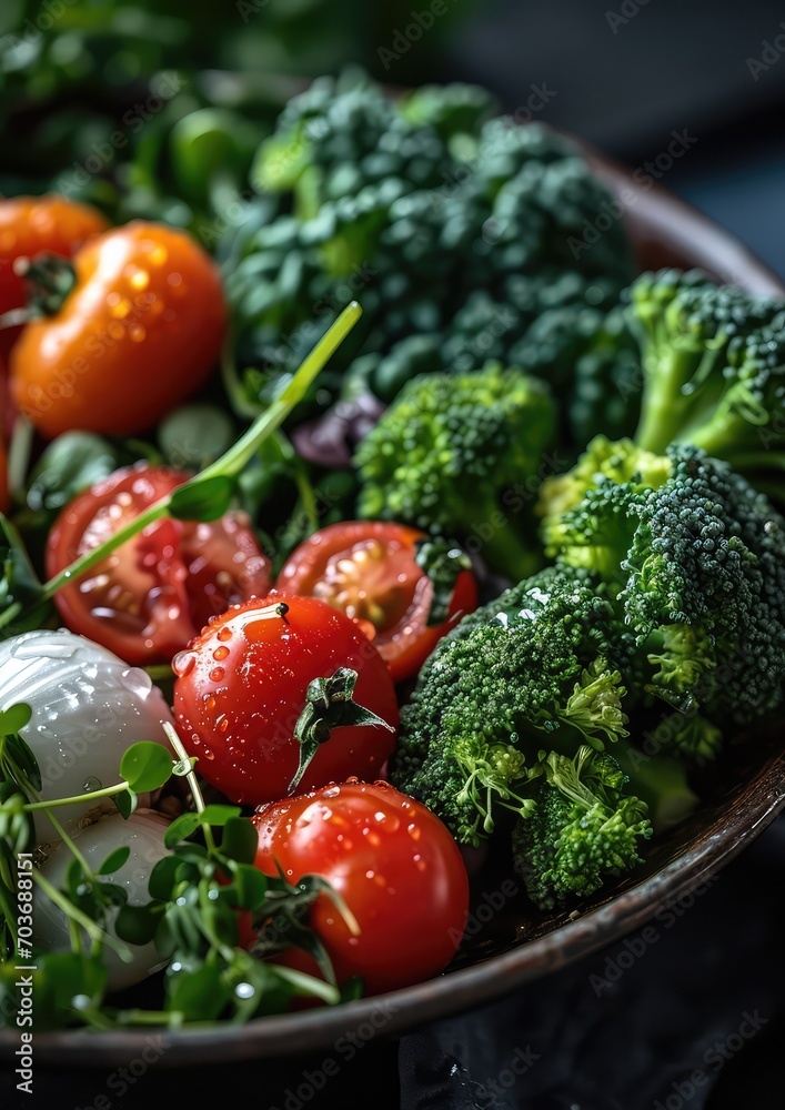 A vibrant and fresh vegetable medley is captured in this photo. The green broccoli florets stand out against the bright red tomatoes and the white onions. The salad is arranged in an artful manner A vibrant and fresh vegetable medley is captured in this photo. The green broccoli florets stand out against the bright red tomatoes and the white onions. The salad is arranged in an artful manner