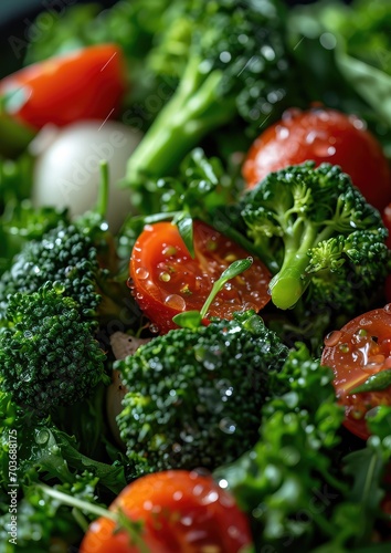 A vibrant and fresh vegetable medley is captured in this photo. The green broccoli florets stand out against the bright red tomatoes and the white onions. The salad is arranged in an artful manner