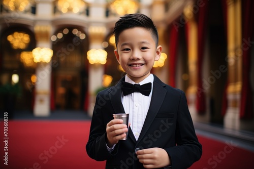 happy asian boy in suit and bow tie with coffee cup on red carpet