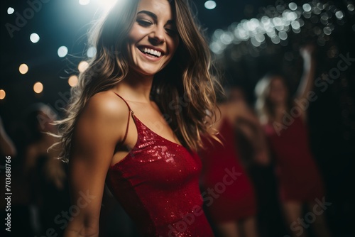Beautiful young woman in red dress dancing at the night club.