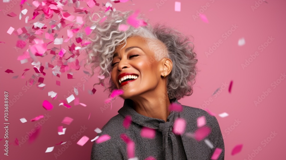 Portrait of black joyful stylish senior woman 50-60 years old celebrating with confetti falling against pink background with copy space. Birthday, happiness, enjoyment of life, positive emotions.