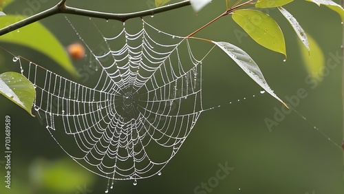 the minimalist allure of a single, rain-drenched cobweb on a tree. 