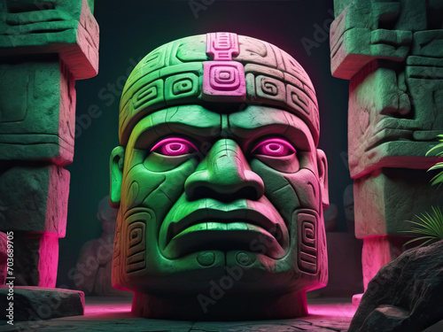 Surreal Minimalism - Wide-angle close-up headshot portrait of an Olmec sculptor carving a monumental stone head with dedication Gen AI photo