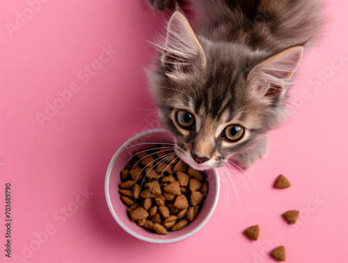 cat kitten eating cat food pink background