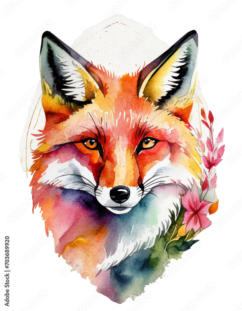 Fototapeta premium High quality, logo style, Watercolor, powerful colorful fox face logo facing forward, white background, by yukisakura, awesome full color