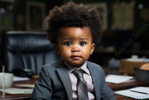 An African boy in a black business suit and tie is sitting at the table. Child education concept.