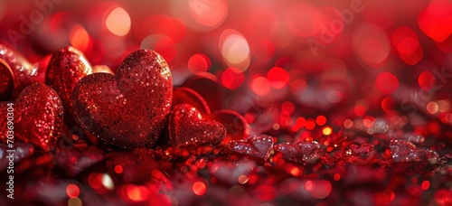 Red glitter hearts on shiny background for Valentine's Day celebration. Love and holiday.