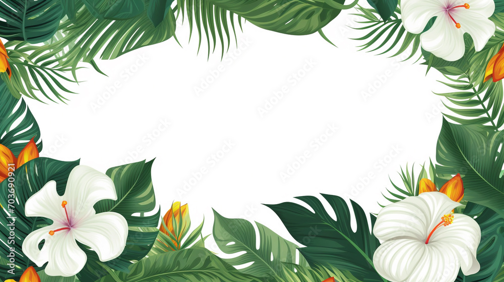 Tropical leaves and large exotic flowers frame Tropical leaves and large exotic flowers frame