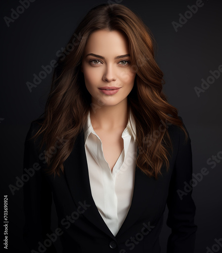 Modern matured young business woman with brown hair isolated on black background. 
