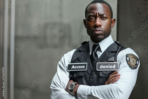 Access denied concept image with black african american security guard with sign to notify the denied access photo