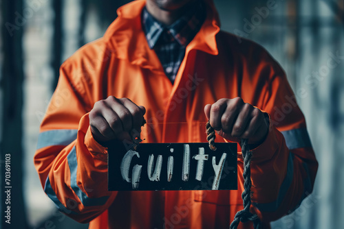Guilty concept image with man in jail orange jumpsuit with a sign with written word guilty with prison background to represent guilt photo